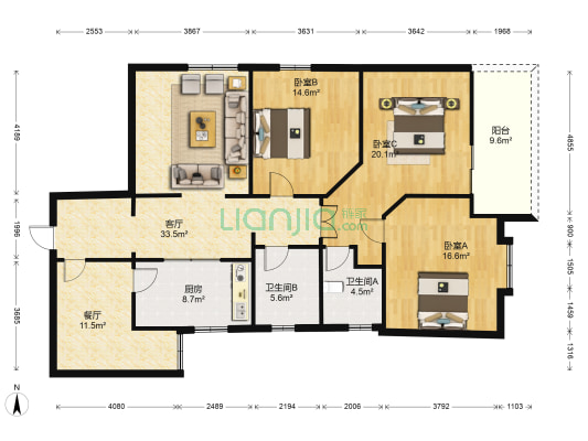 惠航大厦 3室2厅2卫 137平方