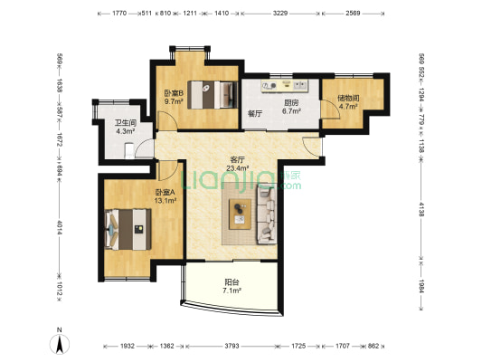 九城湖滨国际 2室1厅1卫 88平方