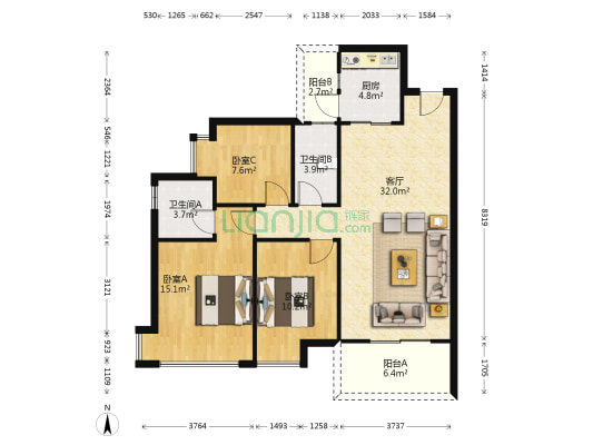 碧桂园首座 3室1厅2卫 105平方