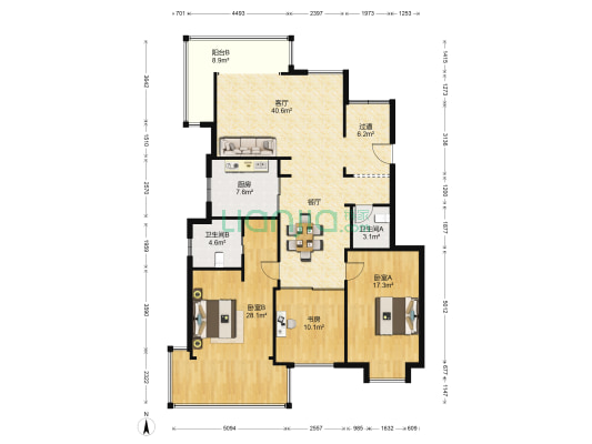钱湖景苑 3室1厅2卫 140平方
