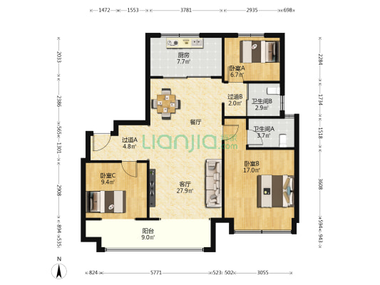 碧桂园凤凰星著 3室1厅2卫 129平方