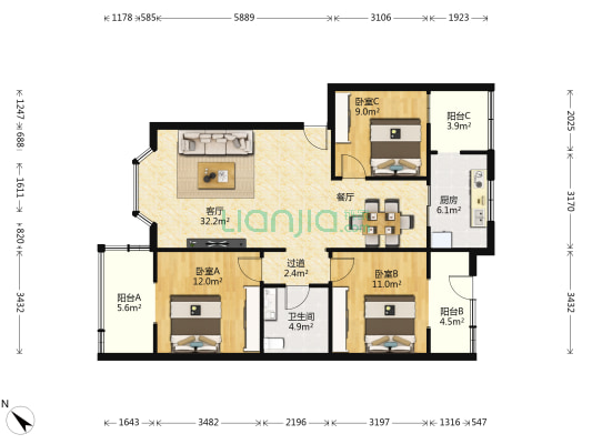 怡合苑 3室1厅1卫 106平方