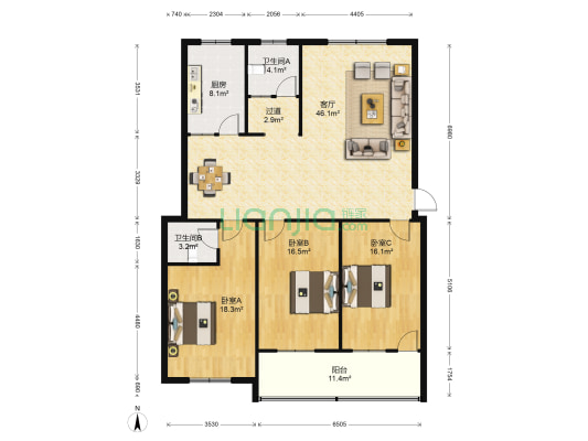 清源小区 3室1厅2卫 149平方