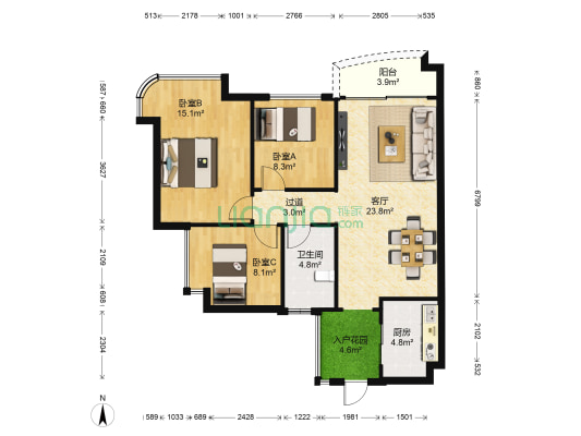 桂丹颐景园A区 3室1厅1卫 91平方