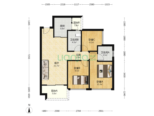 越秀亲爱里 3室1厅2卫 91平方