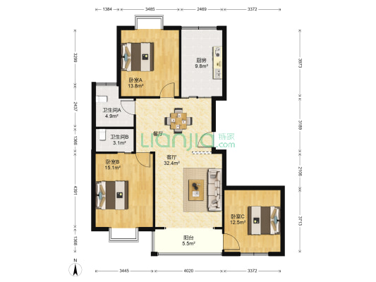 龙光小区 3室1厅2卫 127平方