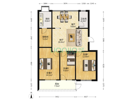 鄂州市人大宿舍 3室2厅1卫 104平方