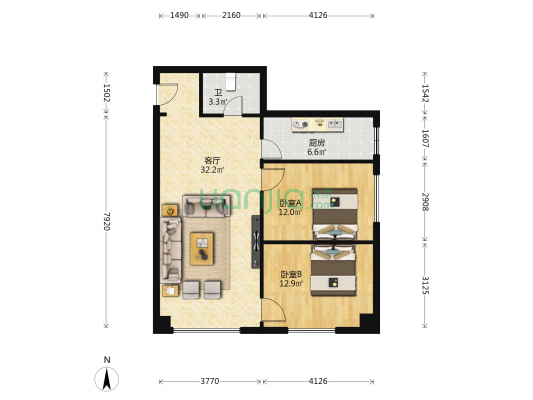 海鸿国际 2室1厅1卫 95平方
