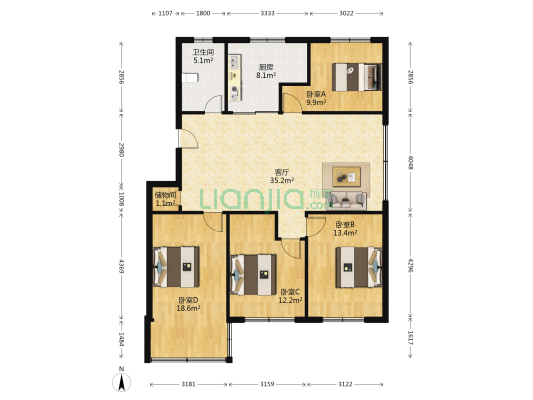 虹桥小区 4室1厅1卫 124平方
