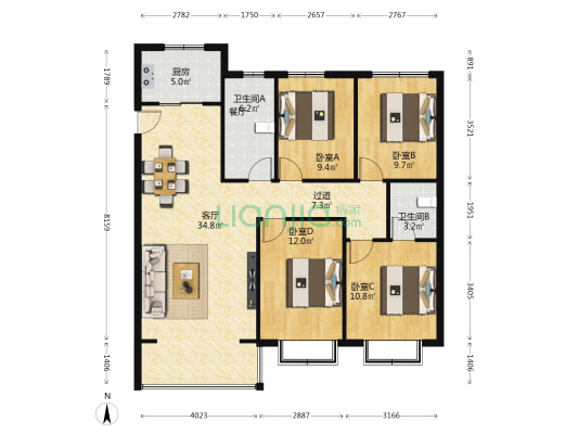 永生紫御华府B区 4室1厅2卫 140平方