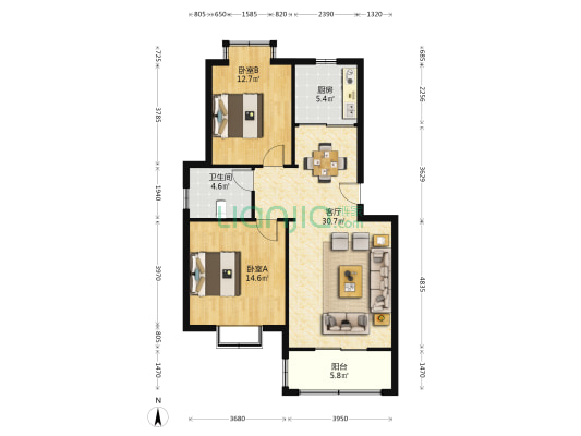 新华花园 2室1厅1卫 109平方