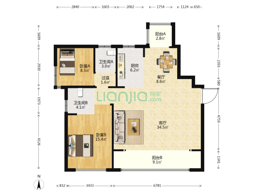 盈科品园 2室2厅2卫 130平方