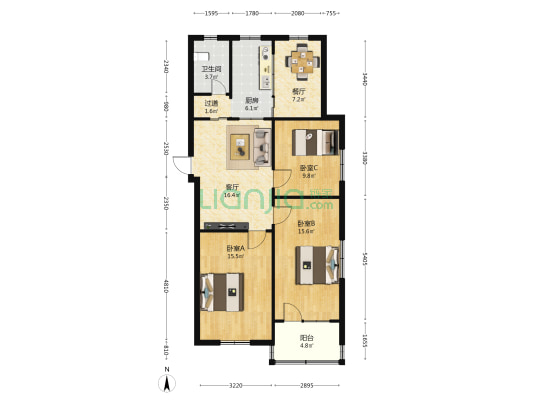 人防小区 3室2厅1卫 95平方
