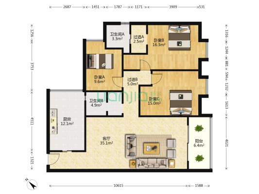 怡和小区 3室1厅2卫 124平方