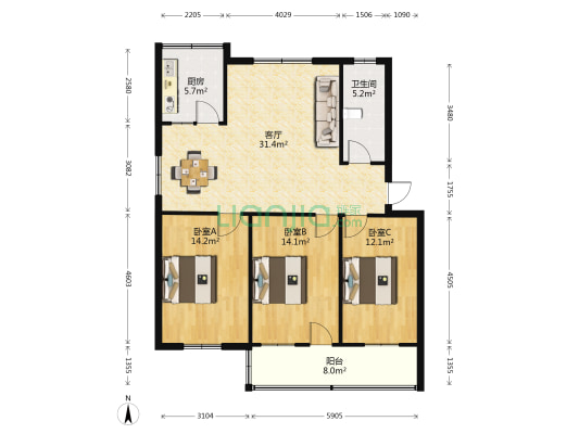 区委家属北院 3室1厅1卫 107平方