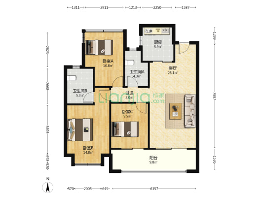 龙湖天玺南区 3室1厅2卫 112平方