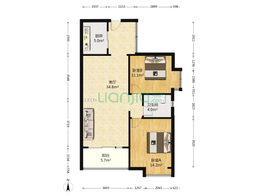 长江御龙新城 2室1厅1卫 93平方