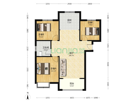 天伦湾馨园 南北通透 好楼层 毛坯三居室，90w-户型图