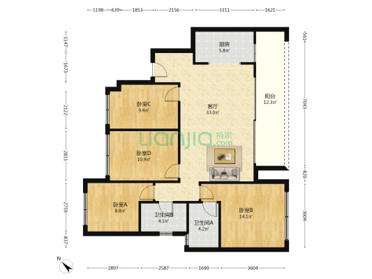 正成万柳墅院 4室1厅2卫 119平方