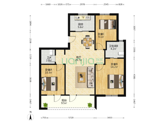万科海岸蓝山 3室1厅2卫 119平方