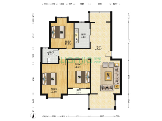 双湖景苑 3室1厅1卫 111平方