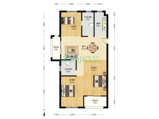 左岸一品家园 3室1厅2卫 117平方