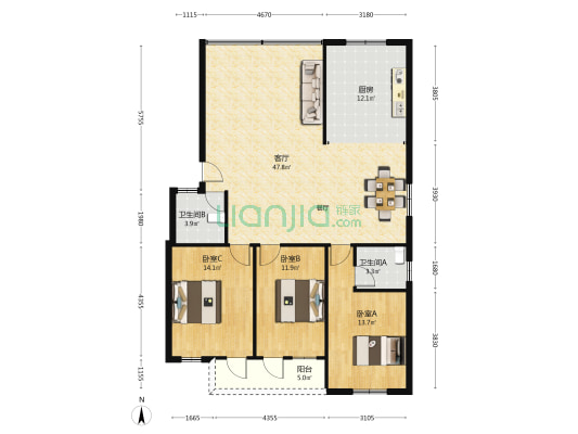 文明东路 3室1厅2卫 129平方