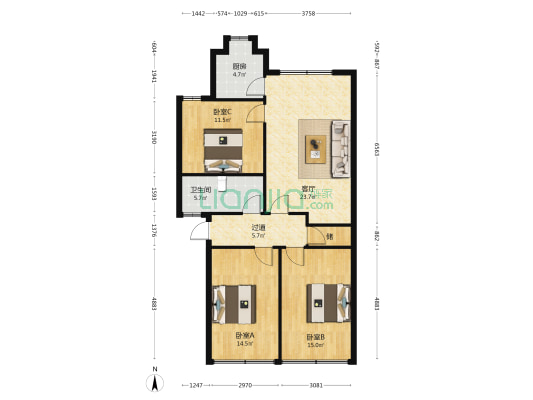 瑞苑B幢 3室1厅1卫 104平方