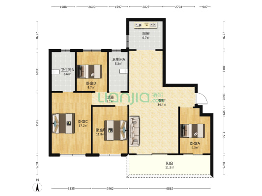 正源荟二期萃园 4室1厅2卫 135平方