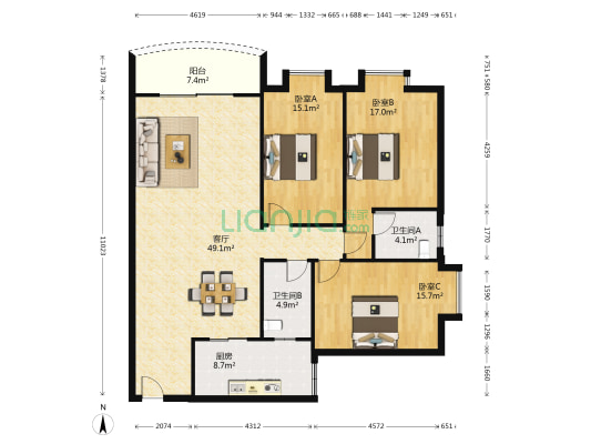 新时代花園 3室1厅2卫 147平方