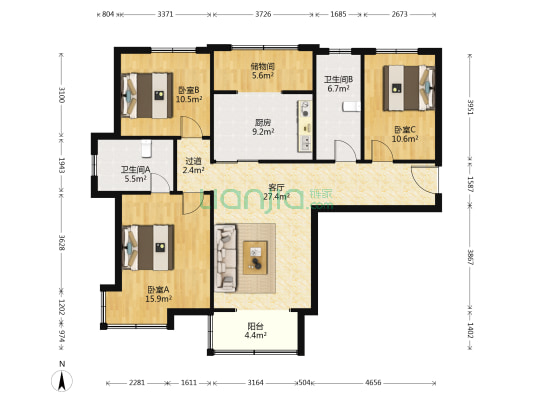 东方明珠苑 3室1厅2卫 138平方