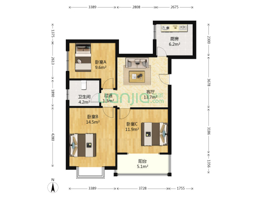 大学南郡 3室1厅1卫 94平方