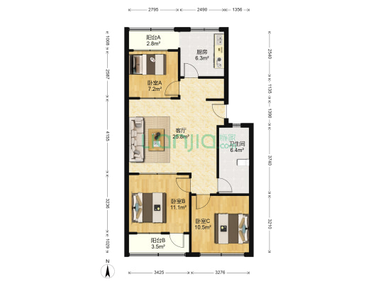 石化小区 3室1厅1卫 89平方