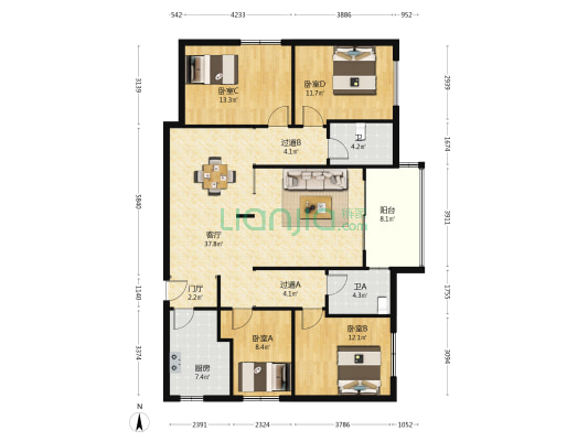 中山北路145弄 4室1厅2卫 134平方
