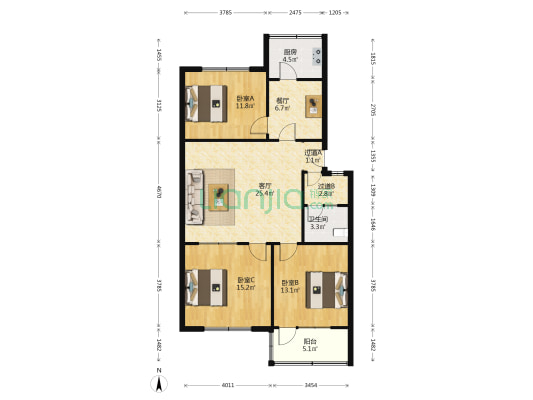 检察院宿舍 3室2厅1卫 104平方