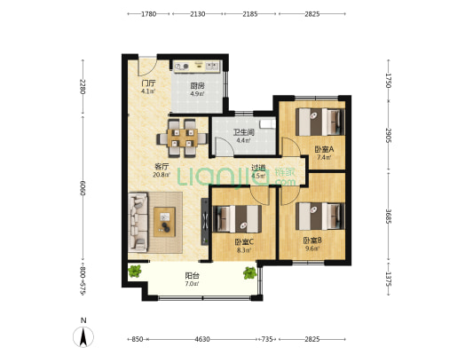 新空港孔雀城天玺 3室1厅1卫 102平方