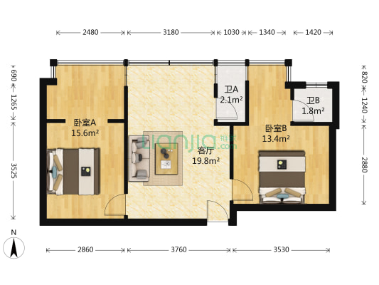 财政局住宅楼 2室1厅2卫 45平方