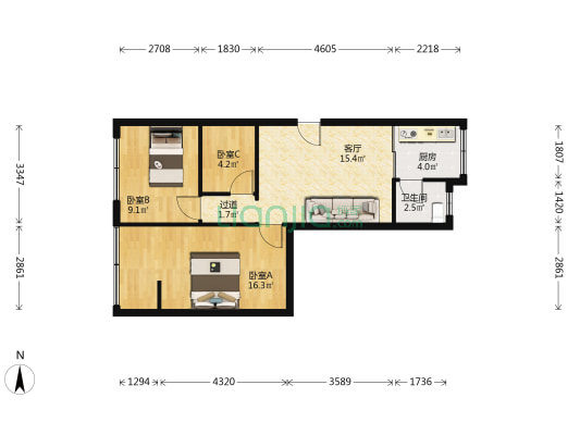 百花山路106号 3室1厅1卫 68平方