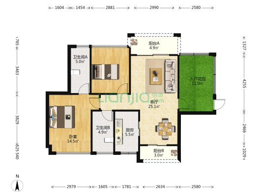 晨华御府 1室1厅2卫 97平方