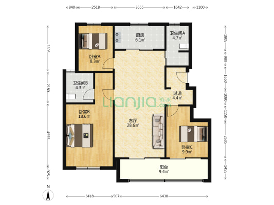 世茂璀璨江山 3室1厅2卫 118平方