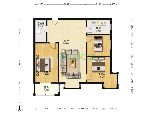水岸花城 3室2厅 东南-户型图