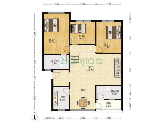 玫瑰园四公寓南区 3室1厅2卫 129平方