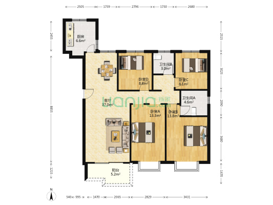 郦城国际南苑 4室1厅2卫 136平方
