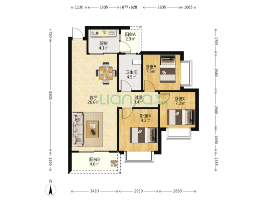 金石公园里 3室1厅1卫 90平方