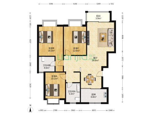 新康花园新康星辰 3室1厅2卫 137平方