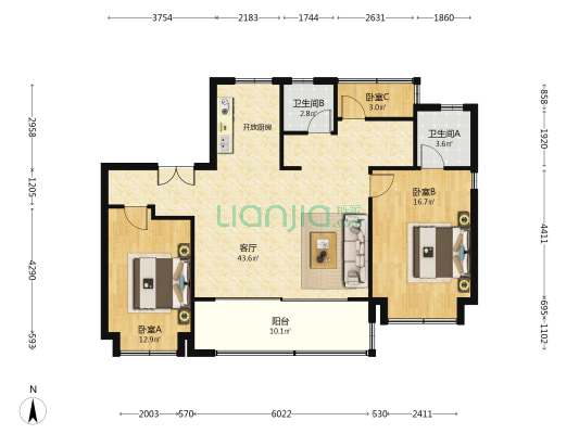 信达观棠 3室1厅2卫 123平方