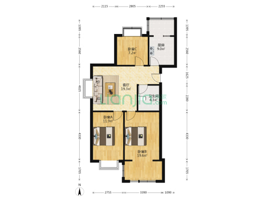 宝鑫景苑东湖园 3室1厅1卫 96平方
