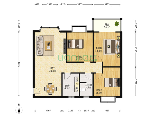 恋日家园B区 3室1厅1卫 108平方