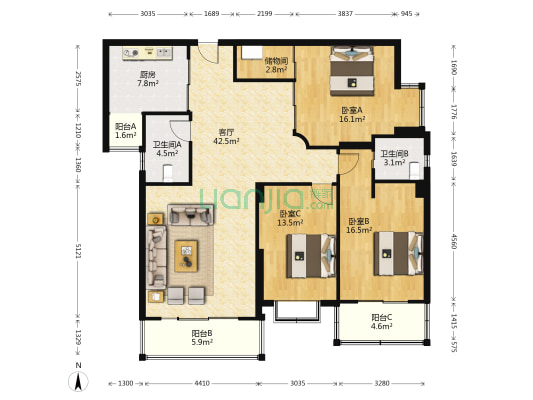 同济宝丰小区 3室1厅2卫 143平方