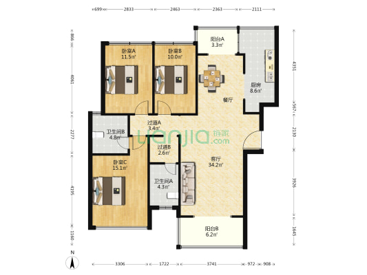 江景华府 3室1厅2卫 122平方